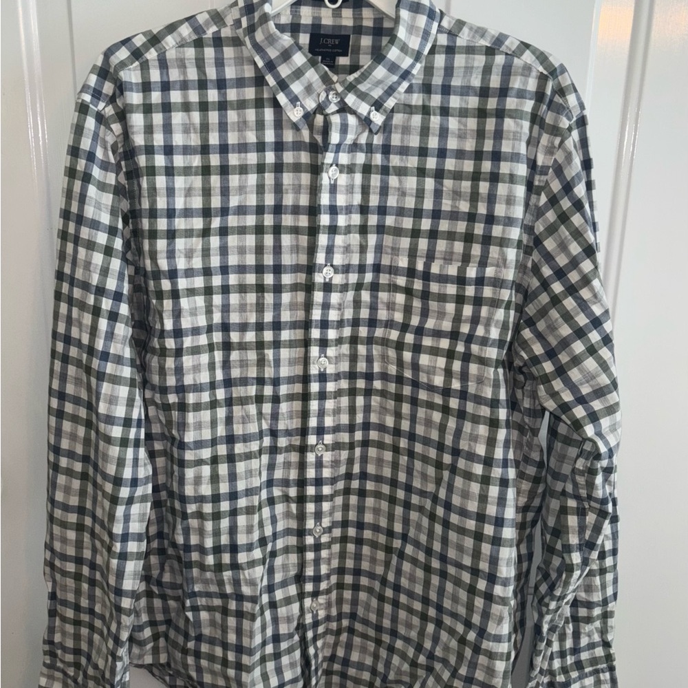 J.Crew Heathered Cotton Slim Fit Gingham Shirt Men’s XL Green Navy Check